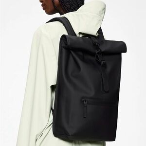 Rains Matte Black Roll-Top Backpack